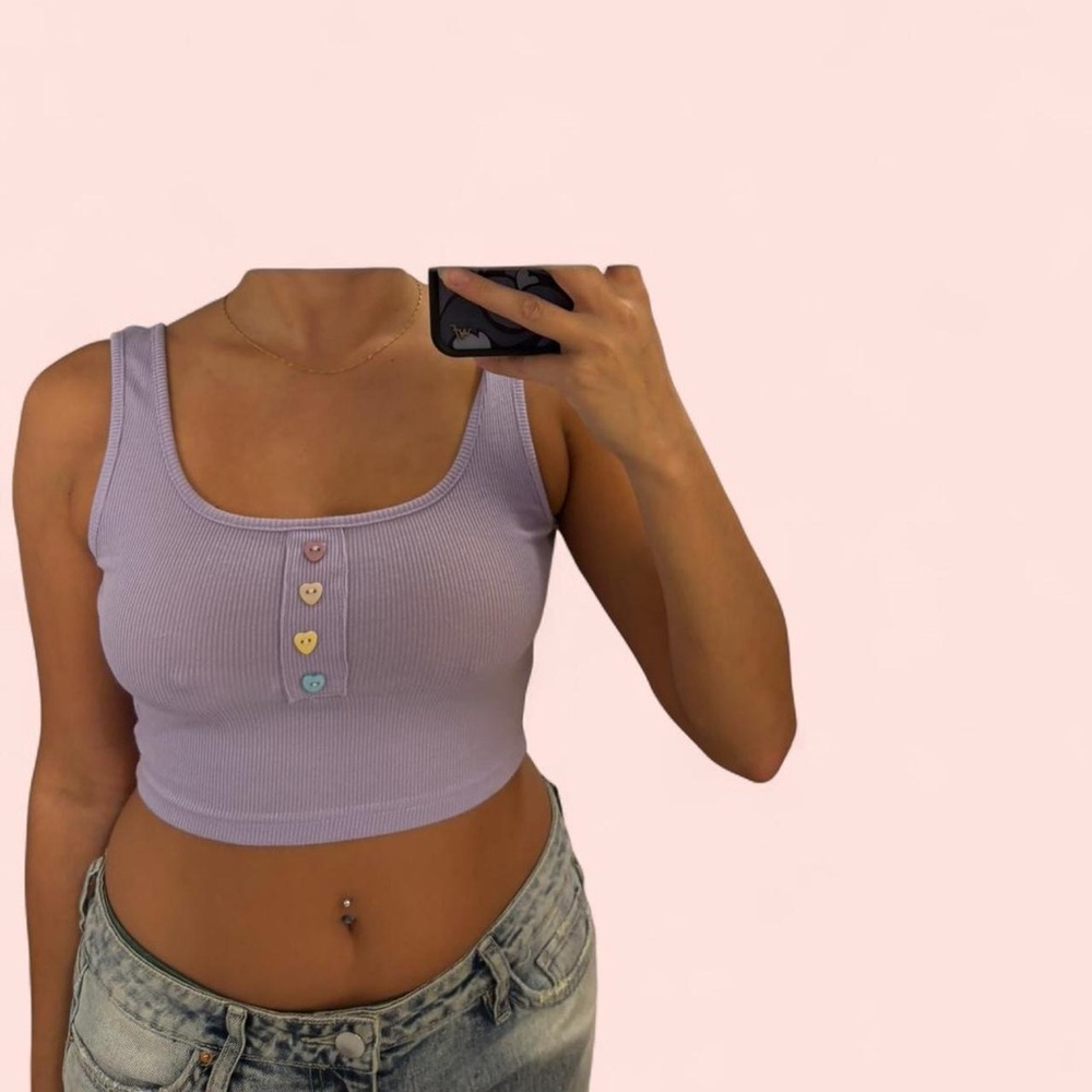 Lavender Ribbed Crop Top with Heart Buttons